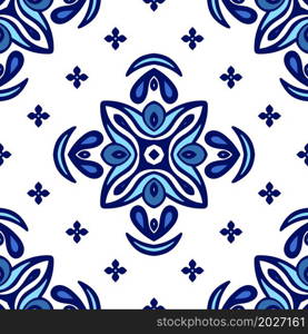 Gorgeous seamless mediterranean tile background vector seamless pattern. Decoartive mosaic ceramic tiles design. Geometric style blue and white azulejo tile ceramic design