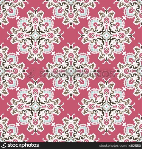 Gorgeous seamless patchwork pattern from blue and white oriental tiles, ornaments. Can be used for wallpaper, backgrounds, decoration for your design, ceramic, page fill and more. Luxury oriental tile seamless pattern. Pink vintage motif