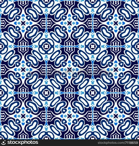 Gorgeous seamless patchwork pattern from blue and white oriental tiles, ornaments. Can be used for wallpaper, backgrounds, decoration for your design, ceramic, page fill and more.. Blue geometric ceramic azulejo tile design. Pattern For wallpaper, backgrounds, page fill and more.