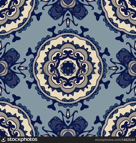 Gorgeous seamless patchwork pattern from blue and white oriental tiles. Turkish ornament. Moroccan mosaic. Spanish porcelain Ceramic tableware, folk print. Spanish pottery seamless wallpaper.. Abstract damask seamless ornamental pattern for fabric