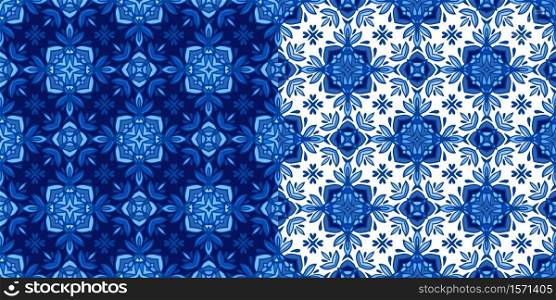 Gorgeous seamless patchwork pattern from blue and white oriental tiles. Turkish ornament. Moroccan mosaic. Spanish porcelain Ceramic tableware, folk print. Spanish pottery seamless wallpaper.. Abstract damask flower seamless ornamental watercolor paint pattern. Elegant luxury texture for wallpapers, backgrounds and page fill