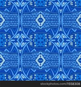 Gorgeous seamless patchwork pattern from blue oriental tiles. Turkish ornament. Moroccan mosaic. Spanish porcelain Ceramic tableware, folk print. Spanish blue seamless wallpaper.. Abstract festive colorful grunge vector ethnic tribal pattern