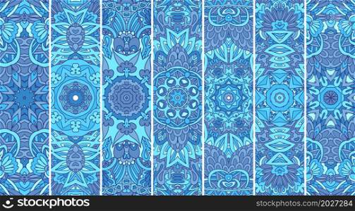 Gorgeous seamless winter decor pattern from blue and white ornaments. Can be used for wallpaper, backgrounds, decoration for your designs. blue ornamental vector decorative banner set