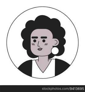 Gorgeous woman monochrome flat linear character head. Curly hairstyle and golden earrings. Editable outline hand drawn human face icon. 2D cartoon spot vector avatar illustration for animation. Gorgeous woman monochrome flat linear character head