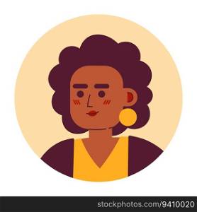 Gorgeous woman semi flat vector character head. Curly hairstyle and golden earrings. Editable cartoon avatar icon. Face emotion. Colorful spot illustration for web graphic design, animation. Gorgeous woman semi flat vector character head
