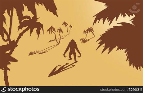 gorilla amongst palms on yellow background
