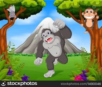 gorilla and monkey in the jungle