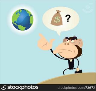 Gorilla Businessman Wanting to Make Money With Earth. Illustration of a gorilla businessman looking to earth with the intention to make money with it