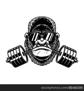 Gorilla with gym barbell in mouth. Design element for logo, emblem, sign, poster, t shirt. Vector illustration