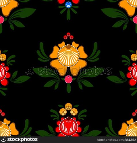 Gorodets painting seamless pattern. Floral ornament. Russian national folk craft. Traditional decoration painting in Russia. Flowers and leaves texture. Retro ethnic decor 
