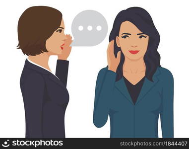 Gossiping. Woman speaking rumor gossip whisper secret to female whispering vector cartoon concept. Gossip girl whispering in ear secrets, rumor. Word of mouth