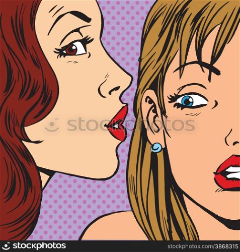 Gossips whisper of a womans ear. Emotional reaction men pop art comics retro style Halftone. Imitation of old illustrations. Gossips whisper of a womans ear. Emotional reaction men pop art
