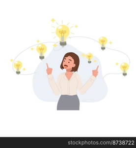 Got a lot of idea concept. Light bulbs float around woman. Flat vector cartoon character illustration.