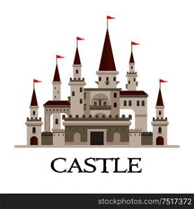 Gothic castle fortress icon with arcade palace with arched windows, balconies and terrace, towers and turrets with flags, gatehouse with lifting forged lattice of the fortress gates. Castle fortress symbol for architecture design
