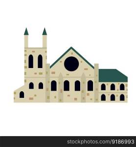 Gothic Cathedral of St. Andrew in Moscow. Church of England. Medieval house with tower. Christian religion. Flat cartoon illustration. Gothic Cathedral of St. Andrew in Moscow
