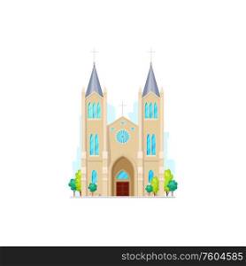 Gothic church with tower and windows isolated religion building. Vector retro cathedral facade. Catholic religion cathedral isolated gothic church