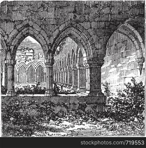 Gothic cloisters and arch at Kilconnel Abbey, in County Galway, Ireland. Old engraving. Old engraved illustration of gothic cloister.