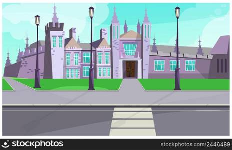 Gothic mansion on city street vector illustration. Old gray stone building with tall towers near road. Castle illustration