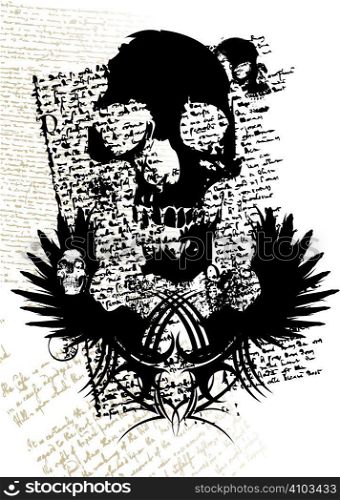 gothic style illustration with a skull and old fashioned text