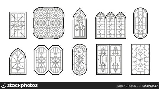 Gothic windows. Vertical geometrical big window frames with catholic mosaic decoration garish vector illustrations set. Window gothic architecture design. Gothic windows. Vertical geometrical big window frames with catholic mosaic decoration garish vector illustrations set