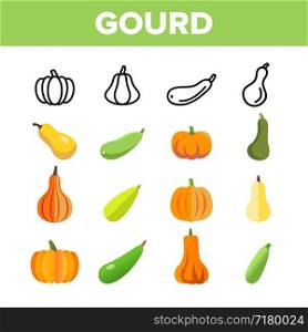 Gourd Autumn Season Harvest Vector Linear Icons Set. Differently Shaped And Colored Pumpkins. Halloween Decoration, Thanksgiving Day Dish Thin Line Design. Organic, Healthy Gourds Flat Illustration. Gourd Autumn Season Harvest Vector Linear Icons Set