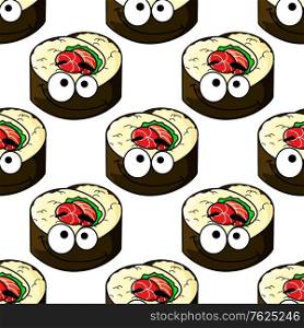 Gourmet sushi with shrimps, raw fish and seaweed seamless background pattern with a repeat motif in square format. Gourmet sushi seamless pattern