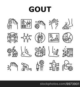 Gout Health Disease Collection Icons Set Vector. Ridge And Articular Cartilage Gout, X-ray Radiograph And Syringe For Treatment Health Problem Black Contour Illustrations. Gout Health Disease Collection Icons Set Vector