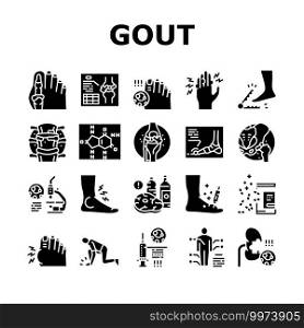 Gout Health Disease Collection Icons Set Vector. Ridge And Articular Cartilage Gout, X-ray Radiograph And Syringe For Treatment Health Problem Glyph Pictograms Black Illustrations. Gout Health Disease Collection Icons Set Vector