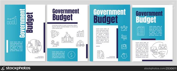 Government budget blue brochure template. Financial plan for country. Leaflet design with linear icons. 4 vector layouts for presentation, annual reports. Anton, Lato-Regular fonts used. Government budget blue brochure template