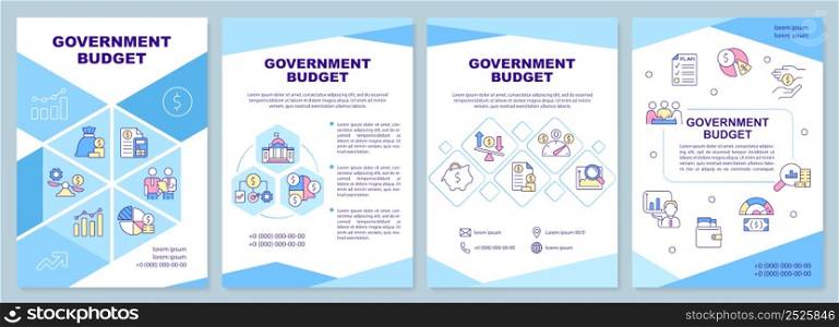 Government budget brochure template. Financial plan for country. Leaflet design with linear icons. 4 vector layouts for presentation, annual reports. Arial-Black, Myriad Pro-Regular fonts used. Government budget brochure template