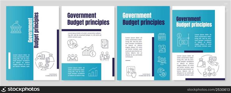 Government budget principles blue brochure template. Finance allocation. Leaflet design with linear icons. 4 vector layouts for presentation, annual reports. Anton, Lato-Regular fonts used. Government budget principles blue brochure template
