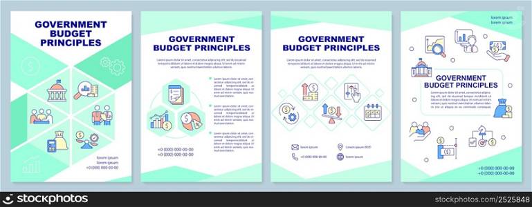 Government budget principles brochure template. Finance allocation. Leaflet design with linear icons. 4 vector layouts for presentation, annual reports. Arial-Black, Myriad Pro-Regular fonts used. Government budget principles brochure template