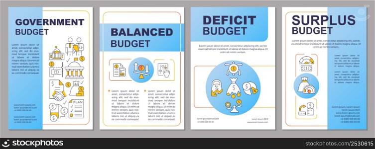 Government budget types blue brochure template. National budgeting. Leaflet design with linear icons. 4 vector layouts for presentation, annual reports. Arial-Black, Myriad Pro-Regular fonts used. Government budget types blue brochure template