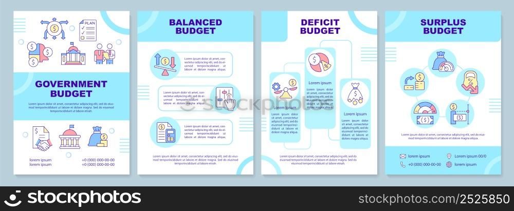 Government budget types brochure template. National budgeting. Leaflet design with linear icons. 4 vector layouts for presentation, annual reports. Arial-Black, Myriad Pro-Regular fonts used. Government budget types brochure template