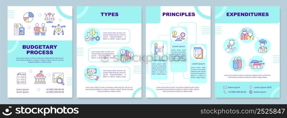 Government budgeting guideline brochure template. Financial plan. Leaflet design with linear icons. 4 vector layouts for presentation, annual reports. Arial-Black, Myriad Pro-Regular fonts used. Government budgeting guideline brochure template