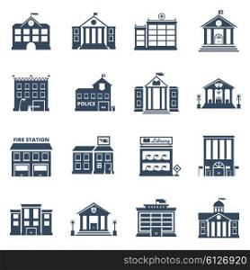 Government Building Black Icons Set. Government building black icons set of fire station library prison post office isolated vector illustration