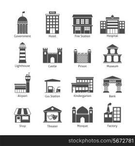 Government building icons black set of hotel fire station hospital isolated vector illustration