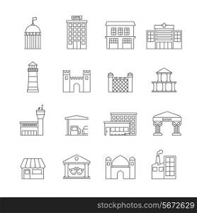 Government building icons outline set of hospital prison airport isolated vector illustration