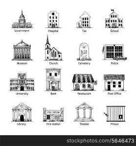 Government building icons set in hand draw style of post cemetery museum school church theater isolated vector illustration