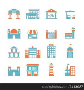 Government building icons set of kindergarten shop factory isolated vector illustration