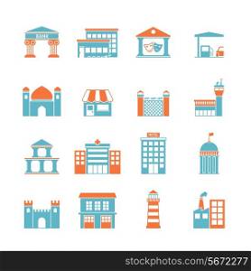 Government building icons set of kindergarten shop factory isolated vector illustration