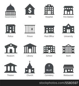 Government building icons set of police museum library theater isolated vector illustration