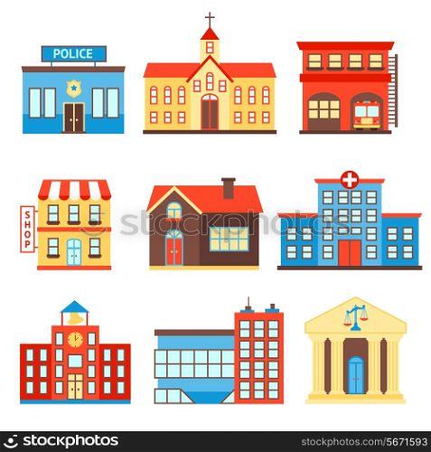 Government building icons set of police shop church isolated vector illustration