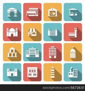 Government building icons set of shop castle lighthouse isolated vector illustration