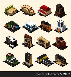 Government building isometric set with images of isolated administrative houses of different purposes and architectural style vector illustration. Urban Buildings Isometric Collection