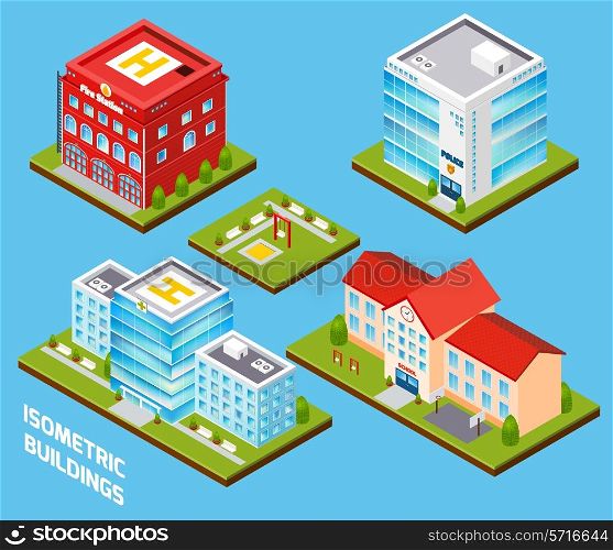 Government buildings 3d isometric set with fire station police hospital school isolated vector illustration