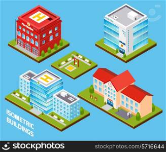 Government buildings 3d isometric set with fire station police hospital school isolated vector illustration