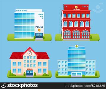 Government buildings emblems set with police office fire station school hospital isolated vector illustration