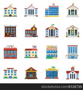 Government Buildings Flat Color Icon Set. Government buildings flat color icon set of theatre restaurant hospital museum isolated vector illustration