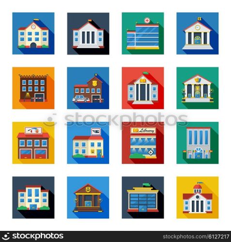 Government Buildings Icons In Colorful Squares. Government buildings flat icons set in colorful isolated squares with bank tax school church flat vector illustration